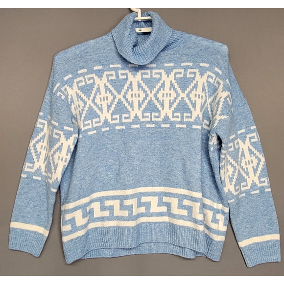 CeCe Sweater Womens Medium Blue White Turtleneck Aztec Knit Pullover Soft Cozy - Picture 1 of 12